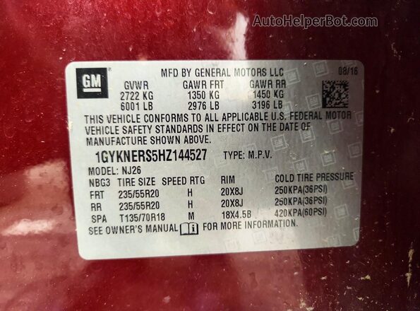 1GYKNERS5HZ144527 2017 CADILLAC XT5 Burgundy Vista de la etiqueta del VIN