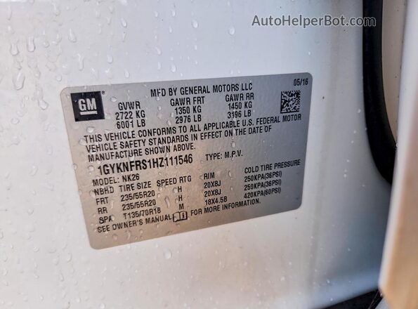 1GYKNFRS1HZ111546 2017 CADILLAC XT5 White Вид наклейки з VIN-кодом