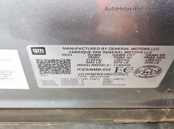 1GYKNFRS1MZ219921 2021 CADILLAC XT5 Gray Vista interior de 360 grados