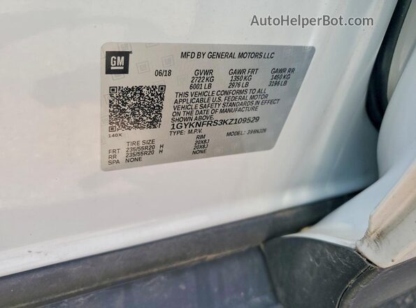 1GYKNFRS3KZ109529 2019 CADILLAC XT5 Белый Вид наклейки с VIN-кодом