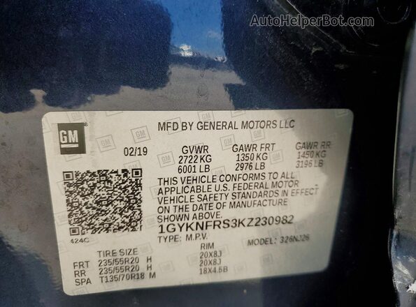 1GYKNFRS3KZ230982 2019 CADILLAC XT5 Black Widok naklejki z numerem VIN