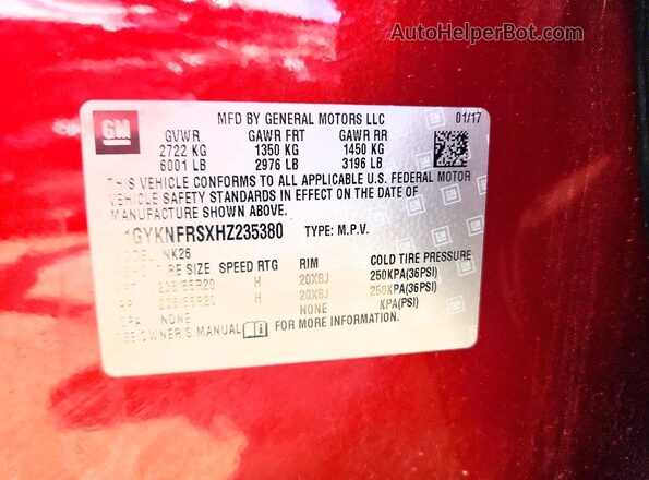 1GYKNFRSXHZ235380 2017 CADILLAC XT5 Red Vista del compartimento del motor