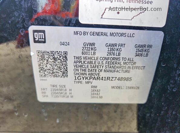 1GYKPAR41RZ748985 2024 CADILLAC XT6 Черный Вид подкапотного пространства
