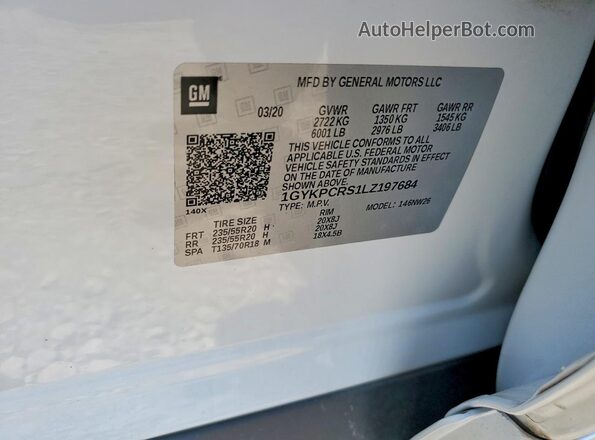 1GYKPCRS1LZ197684 2020 CADILLAC XT6 White Widok naklejki z numerem VIN