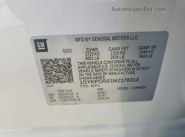 1GYKPCRS1MZ178313 2021 CADILLAC XT6 White Панорамний вид салону 360°