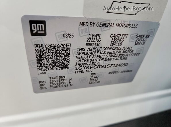 1GYKPCRS1SZ134650 2025 CADILLAC XT6 White VIN կոդի պիտակի տեսք