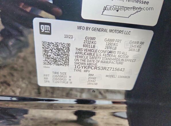 1GYKPCRS3RZ715643 2024 CADILLAC XT6 Черный Вид наклейки с VIN-кодом
