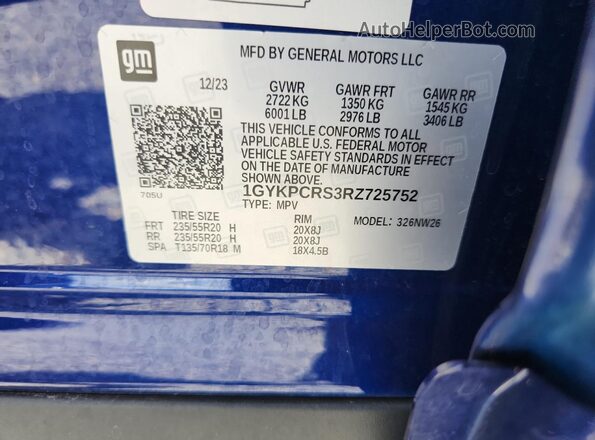 1GYKPCRS3RZ725752 2024 CADILLAC XT6 Blue Vista de la etiqueta del VIN