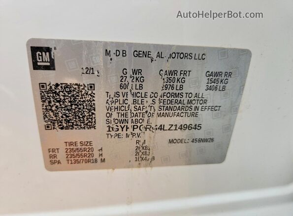 1GYKPCRS4LZ149645 2020 CADILLAC XT6 White Vista de la etiqueta del VIN
