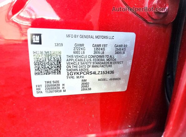 1GYKPCRS4LZ153436 2020 CADILLAC XT6 Red Вид наклейки з VIN-кодом