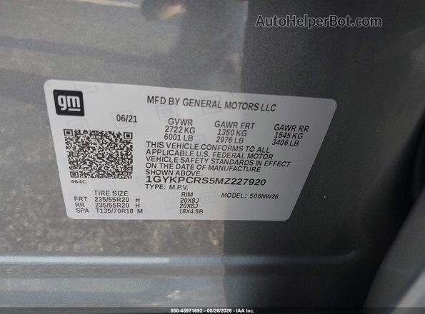 1GYKPCRS5MZ227920 2021 CADILLAC XT6 Серый Вид подкапотного пространства