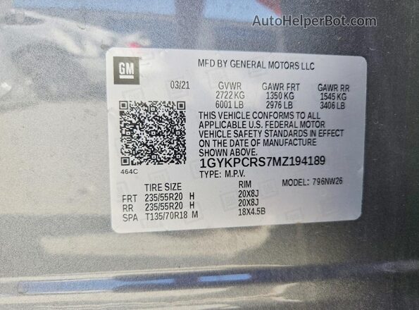 1GYKPCRS7MZ194189 2021 CADILLAC XT6 Gray სალონის 360-გრადუსიანი ხედი