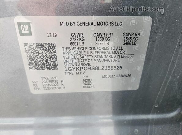 1GYKPCRS8LZ158526 2020 CADILLAC XT6 Gray VIN կոդի պիտակի տեսք