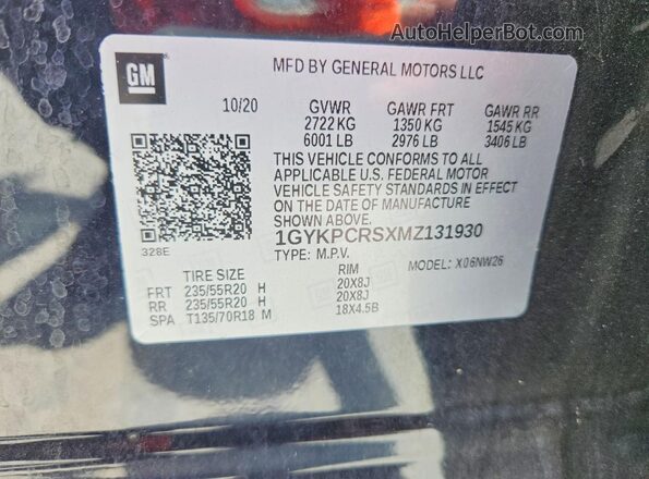 1GYKPCRSXMZ131930 2021 CADILLAC XT6 Blue VIN კოდის სტიკერის ხედი
