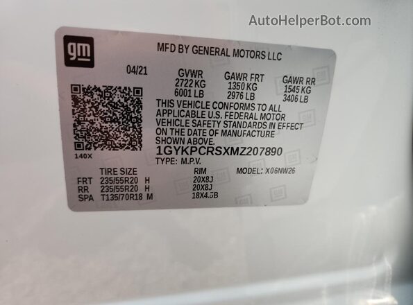 1GYKPCRSXMZ207890 2021 CADILLAC XT6 White VIN sticker view