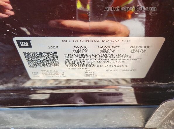 1GYKPDRS0LZ126854 2020 CADILLAC XT6 Burgundy Вид наклейки з VIN-кодом