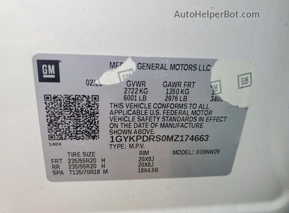 1GYKPDRS0MZ174663 2021 CADILLAC XT6 Белый Вид наклейки с VIN-кодом