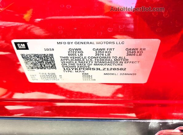 1GYKPDRS3LZ128582 2020 CADILLAC XT6 Red VIN კოდის სტიკერის ხედი