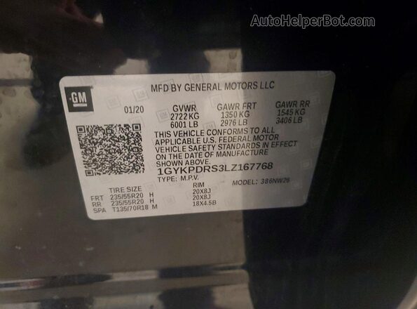 1GYKPDRS3LZ167768 2020 CADILLAC XT6 Black Vista de la etiqueta del VIN