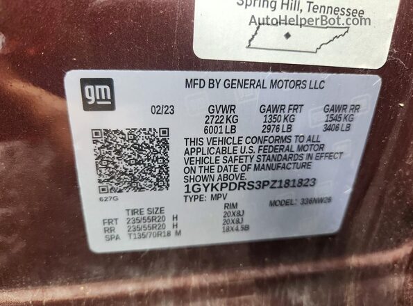 1GYKPDRS3PZ181823 2023 CADILLAC XT6 Maroon VIN կոդի պիտակի տեսք