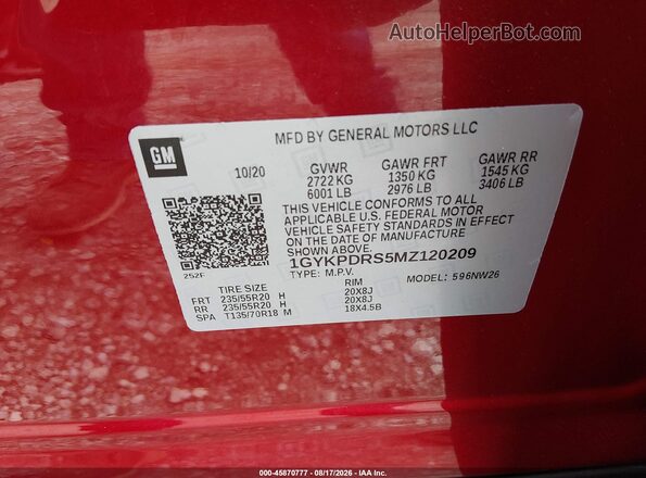 1GYKPDRS5MZ120209 2021 CADILLAC XT6 Red Вид підкапотного простору