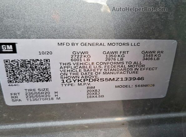 1GYKPDRS5MZ133946 2021 CADILLAC XT6 Серебряный Вид наклейки с VIN-кодом