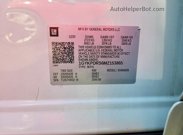 1GYKPDRS6MZ153865 2021 CADILLAC XT6 Белый Вид наклейки с VIN-кодом