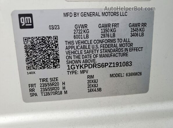 1GYKPDRS6PZ191083 2023 CADILLAC XT6 White Vista de la etiqueta del VIN