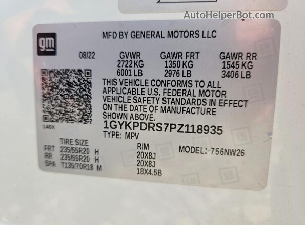 1GYKPDRS7PZ118935 2023 CADILLAC XT6 Белый Вид наклейки с VIN-кодом