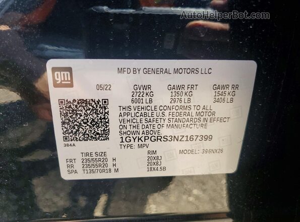 1GYKPGRS3NZ167399 2022 CADILLAC XT6 Black Вид наклейки з VIN-кодом