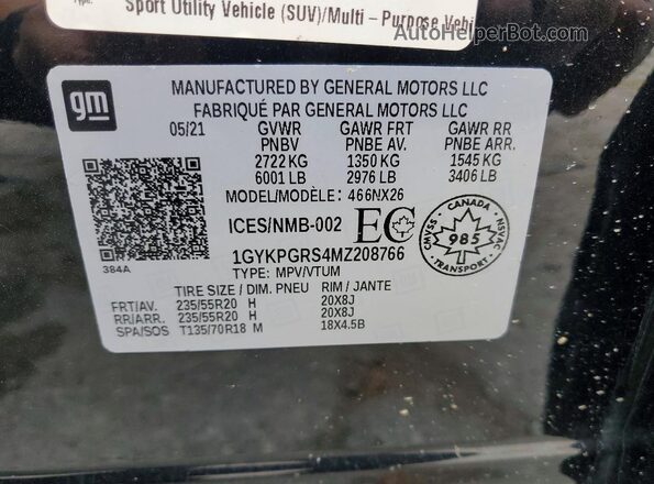 1GYKPGRS4MZ208766 2021 CADILLAC XT6 Black VIN sticker view