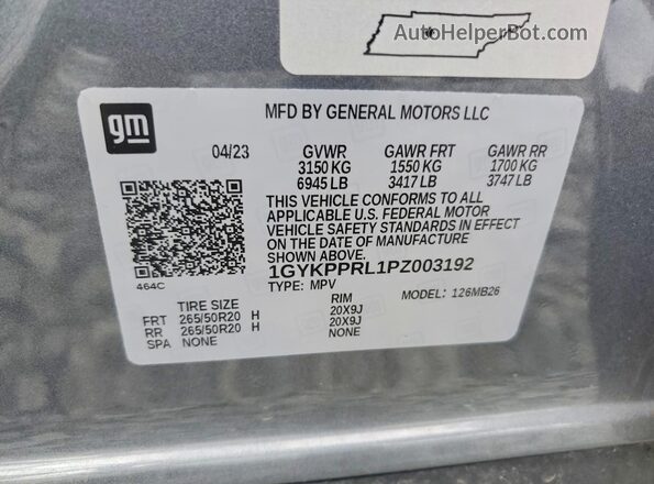 1GYKPPRL1PZ003192 2023 CADILLAC OTHER Silver Vista de la etiqueta del VIN