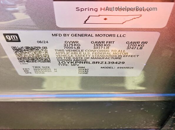 1GYKPRRL8RZ139429 2024 CADILLAC OTHER Gray VIN კოდის სტიკერის ხედი