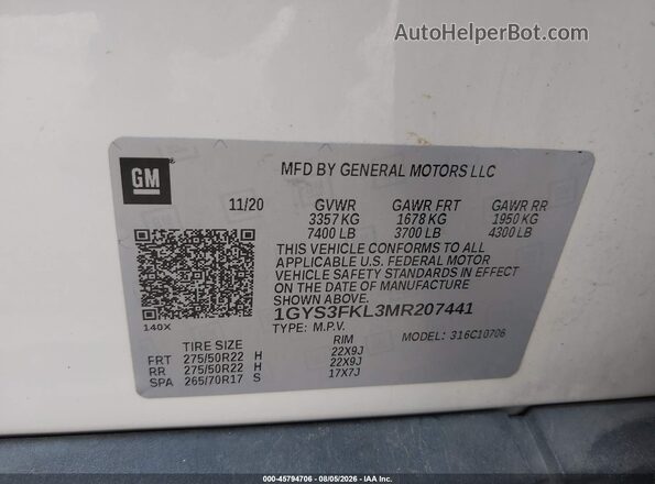 1GYS3FKL3MR207441 2021 CADILLAC ESCALADE White Widok komory silnika