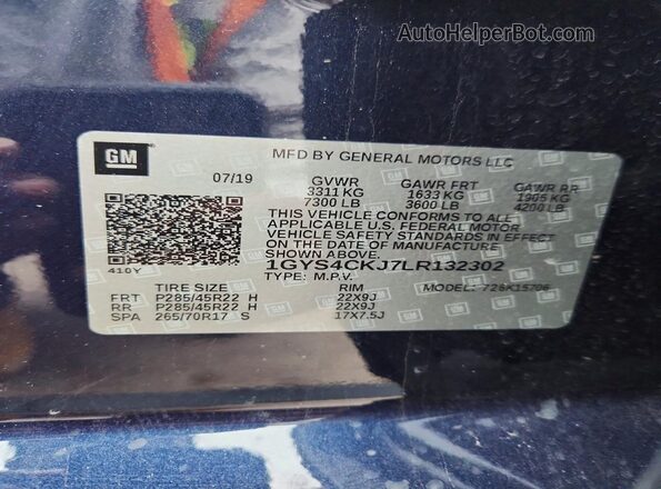1GYS4CKJ7LR132302 2020 CADILLAC ESCALADE Blue Вид наклейки з VIN-кодом