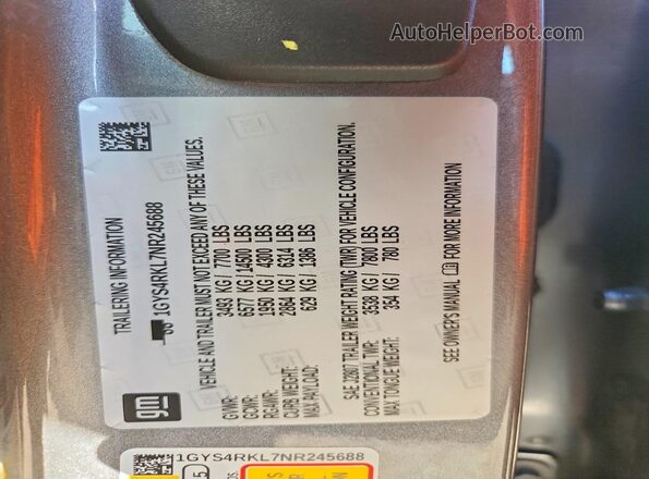 1GYS4RKL7NR245688 2022 CADILLAC ESCALADE Gray VIN კოდის სტიკერის ხედი
