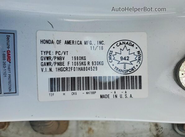 1HGCR2F01HA804529 2017 HONDA ACCORD White Engine compartment view