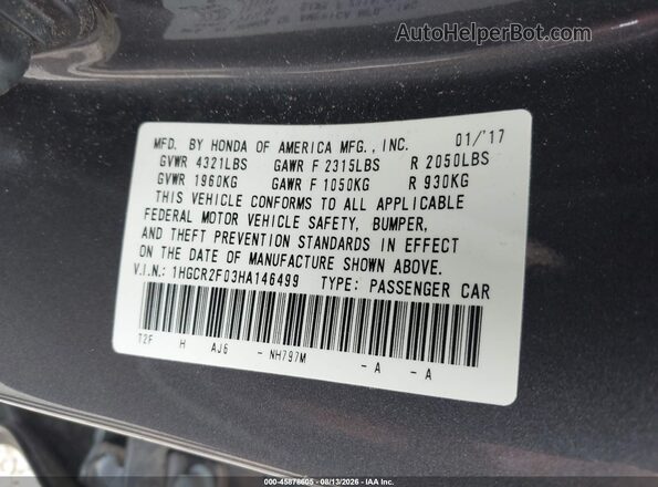 1HGCR2F03HA146499 2017 HONDA ACCORD Серый Вид подкапотного пространства
