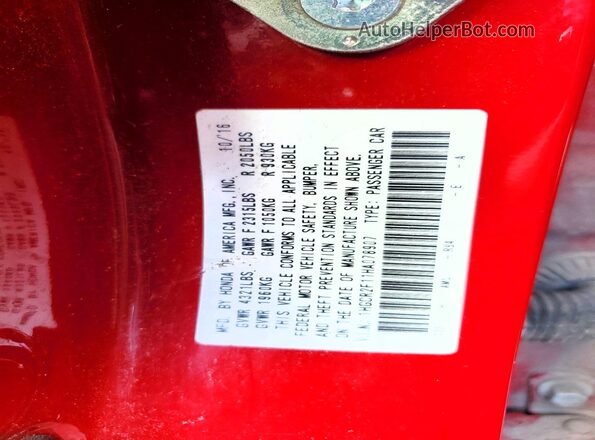 1HGCR2F11HA078907 2017 HONDA ACCORD Red Շարժիչի բաժամունքի տեսք
