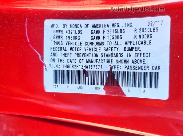 1HGCR2F12HA167577 2017 HONDA ACCORD Maroon Вид підкапотного простору