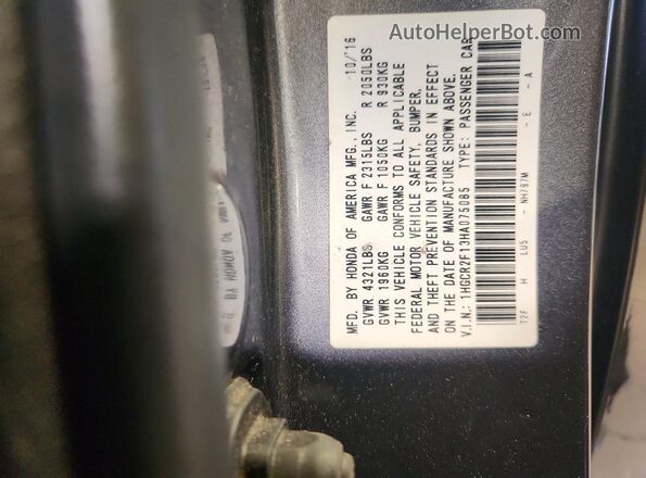 1HGCR2F13HA075085 2017 HONDA ACCORD Gray VIN კოდის სტიკერის ხედი