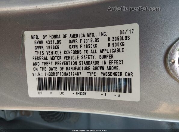 1HGCR2F13HA277487 2017 HONDA ACCORD Silver Вид підкапотного простору