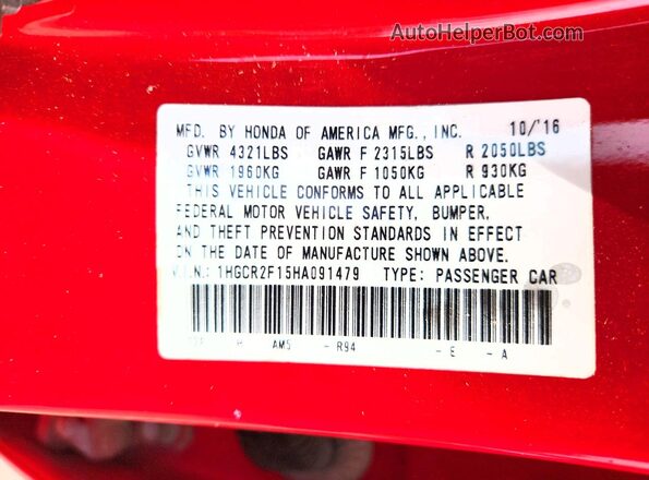 1HGCR2F15HA091479 2017 HONDA ACCORD Red Vista del compartimento del motor