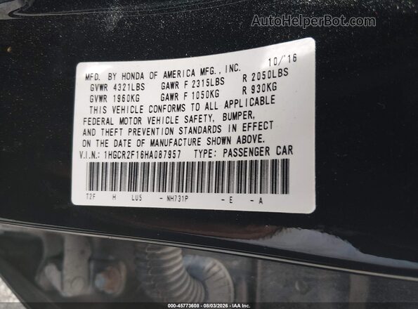 1HGCR2F16HA087957 2017 HONDA ACCORD Black Widok komory silnika