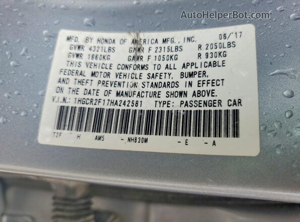 1HGCR2F17HA242581 2017 HONDA ACCORD Silver Widok komory silnika