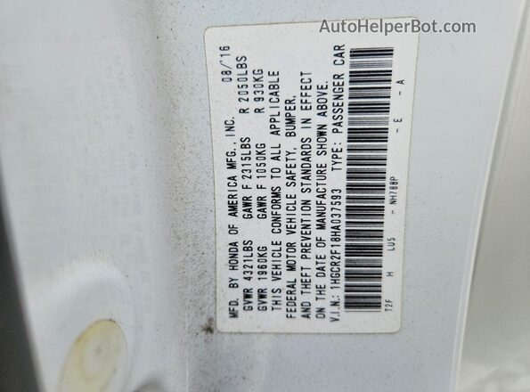 1HGCR2F18HA037593 2017 HONDA ACCORD White Widok naklejki z numerem VIN