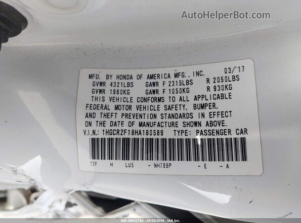 1HGCR2F18HA180589 2017 HONDA ACCORD White Widok komory silnika