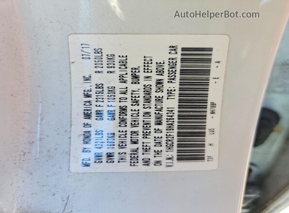 1HGCR2F19HA264341 2017 HONDA ACCORD White Vista del compartimento del motor