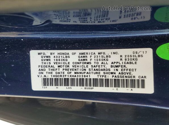 1HGCR2F1XHA303941 2017 HONDA ACCORD Blue Widok komory silnika