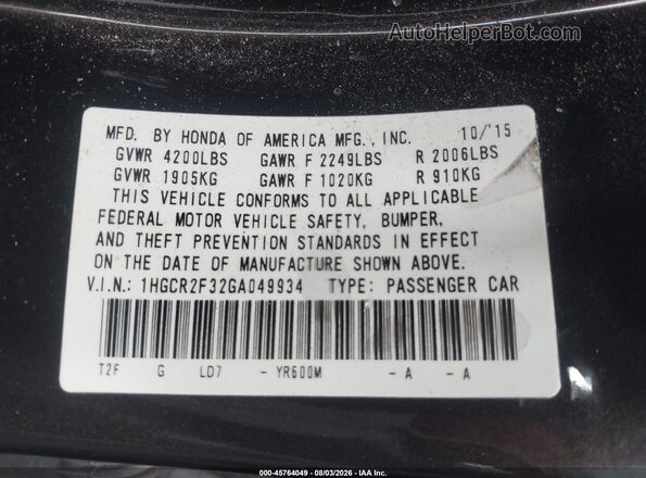 1HGCR2F32GA049934 2016 HONDA ACCORD Brown ძრავის განყოფილების ხედი